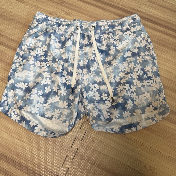 Onia Men's Swim Trunks Blue White Floral Drawstring Board Shorts Sz Medium - Picture 1 of 10